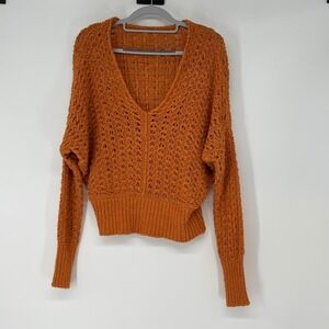 Free People Open Knit Dolman Sleeve Sweater Orange Crochet Oversized Boxy Size S
